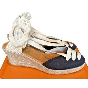 Picon Black and Cream Canvas Wedge Espadrilles Shoes sz 9.5 Made in Spain